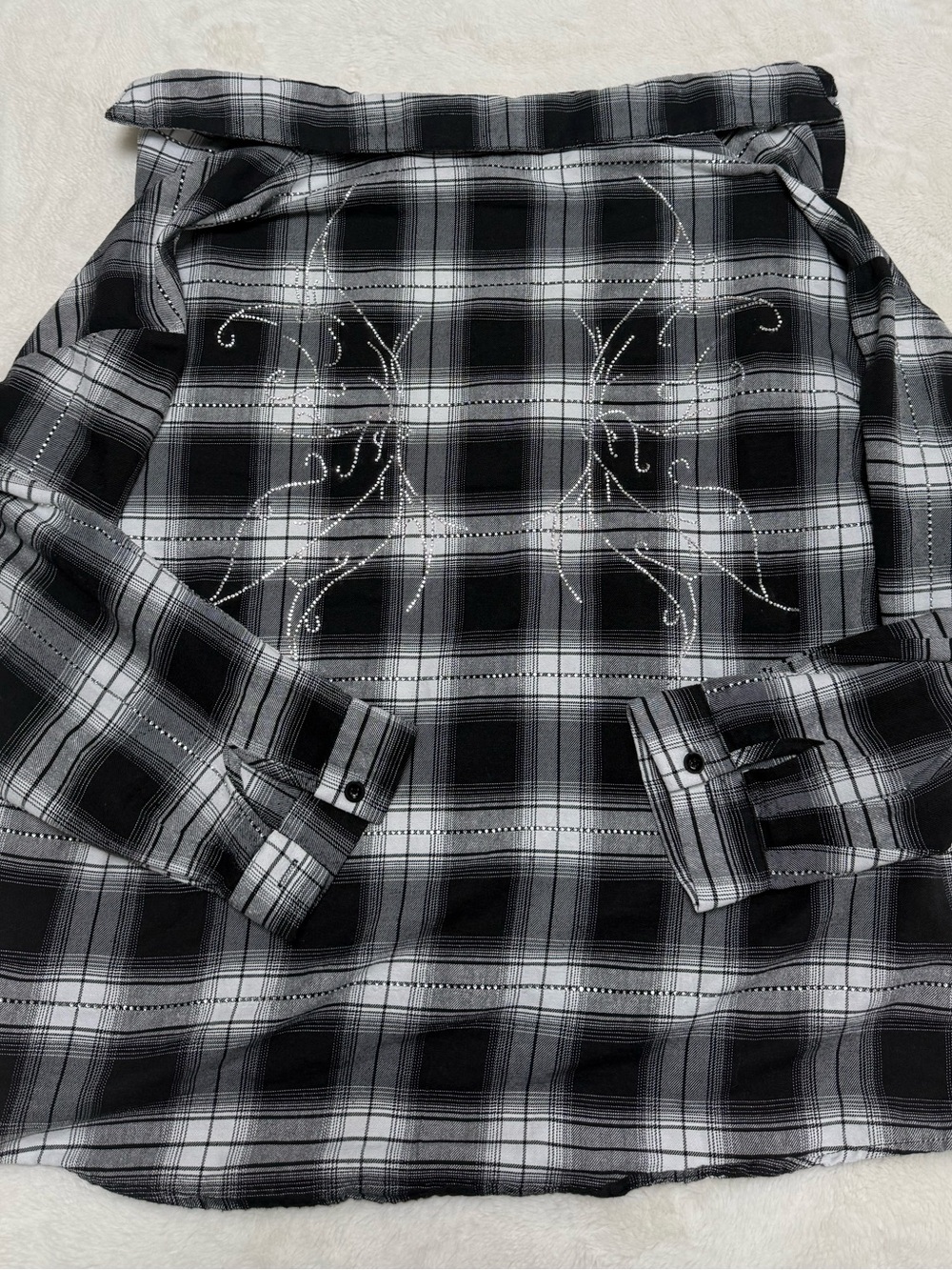 Rhinestone Plaid Flannel in Black and White UPCYCLED Size L GUC